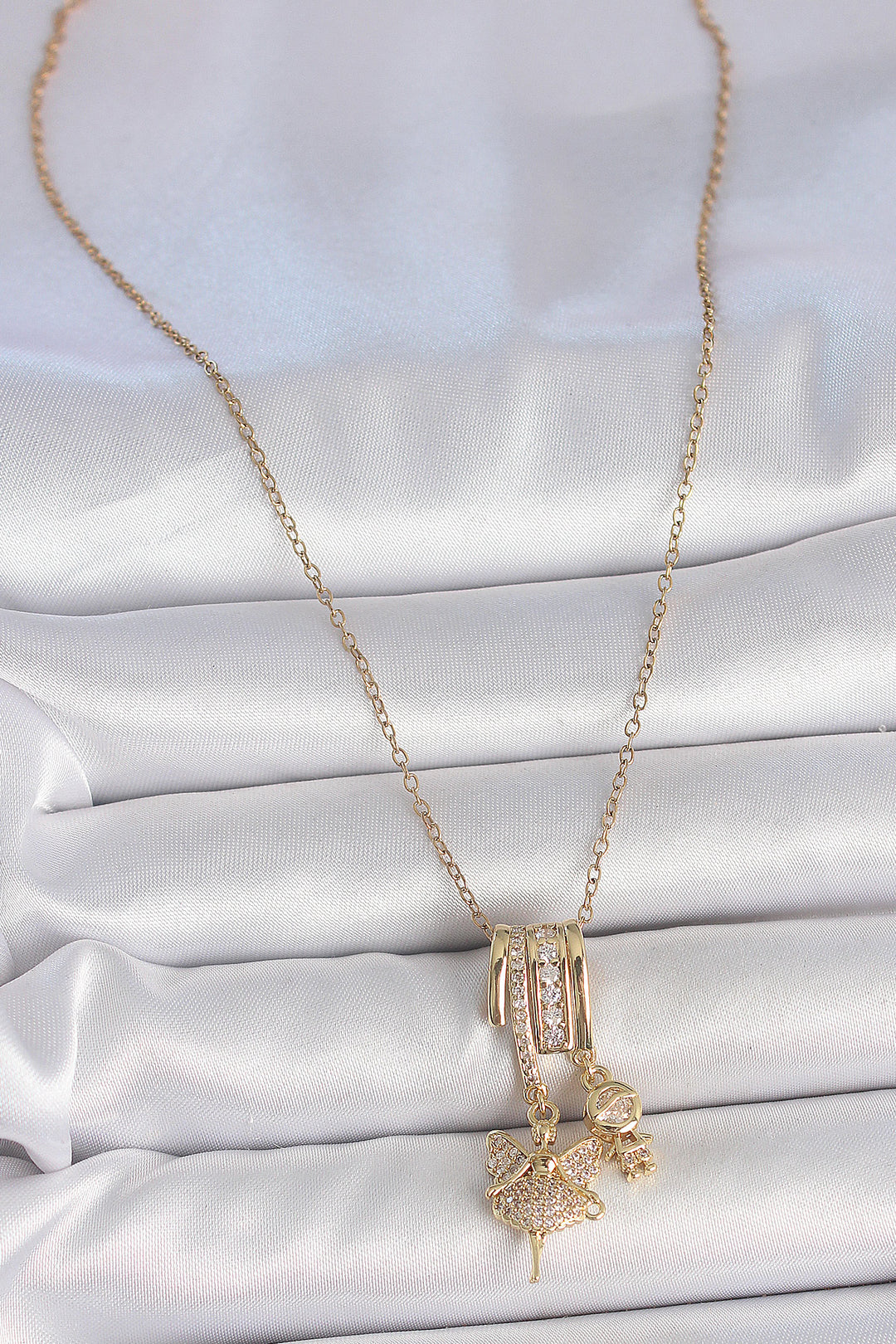 EBJ 316L Stainless Steel Gold Color Zircon Stone Dangle Angel Figure Charm Women's Necklace - Long Beach
