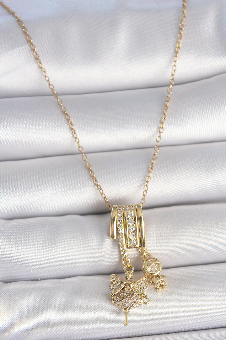 EBJ 316L Stainless Steel Gold Color Zircon Stone Dangle Angel Figure Charm Women's Necklace - Long Beach