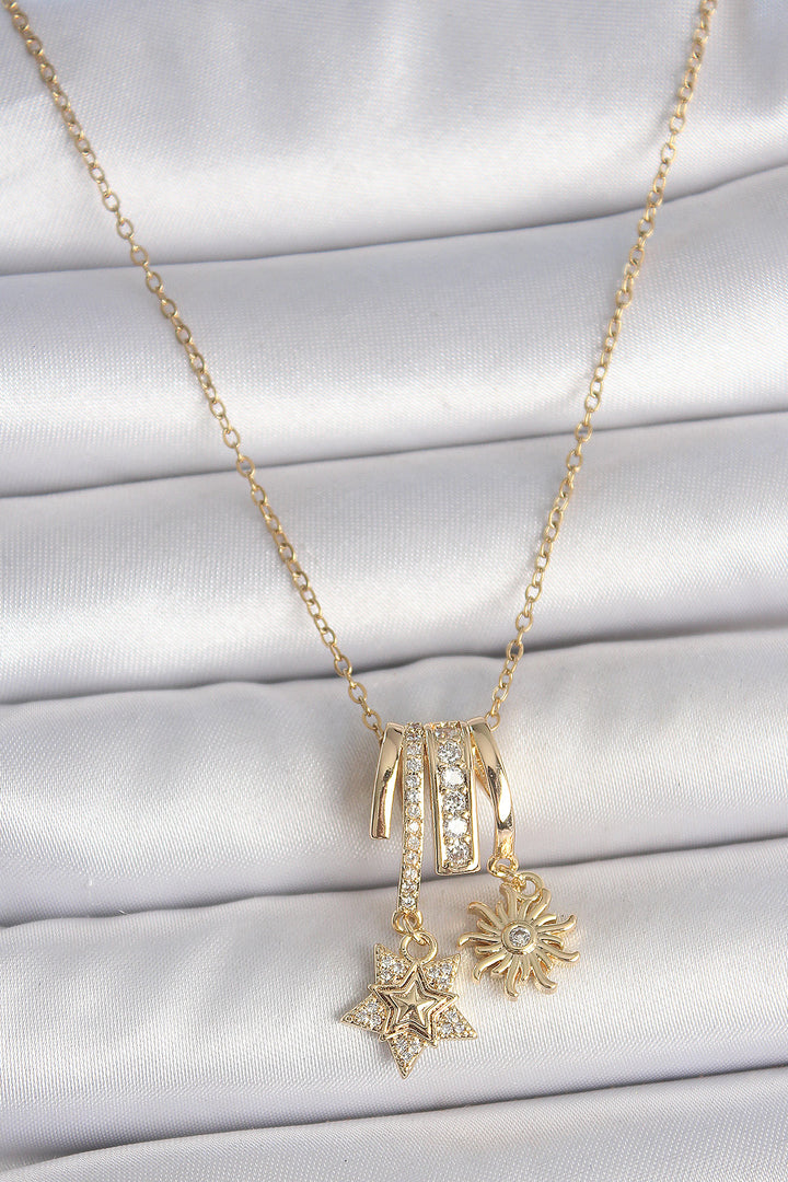 EBJ 316L Steel Gold Color Dangling Zircon Stone Star Sun Figure Charm Women's Necklace - Melbourne