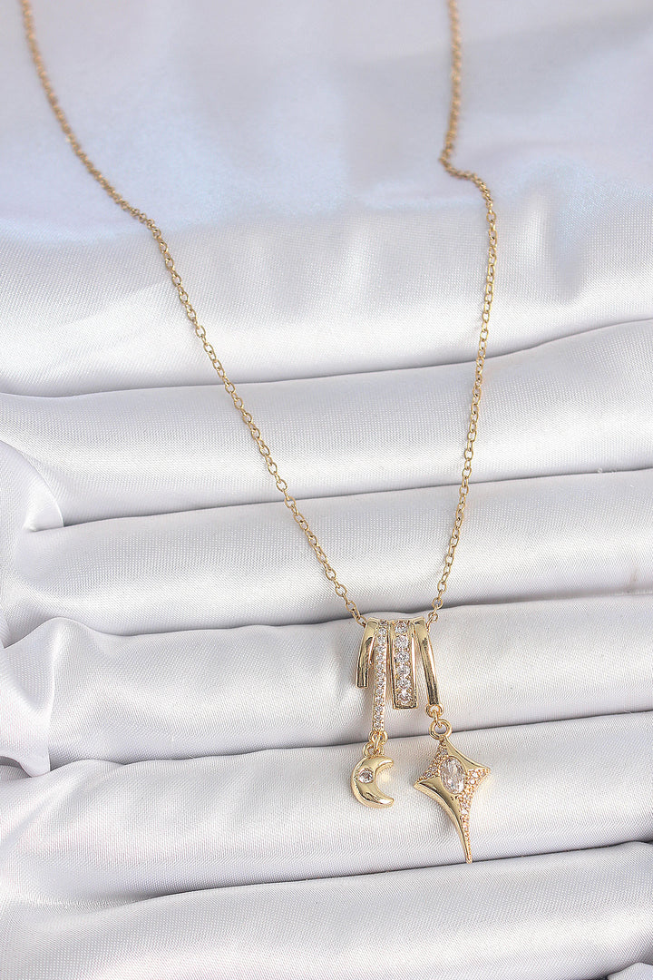 EBJ 316L Steel Gold Color Zircon Stone Dangle Star and Crescent Figure Charm Women's Necklace - Oxnard