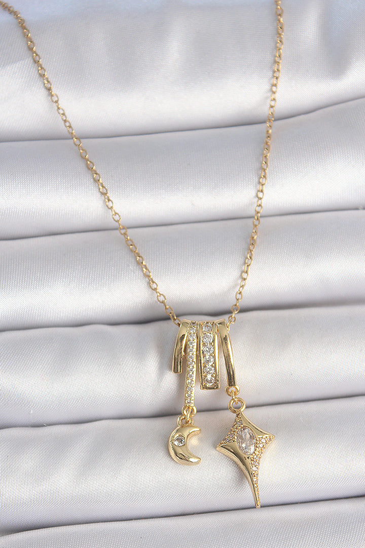 EBJ 316L Steel Gold Color Zircon Stone Dangle Star and Crescent Figure Charm Women's Necklace - Oxnard