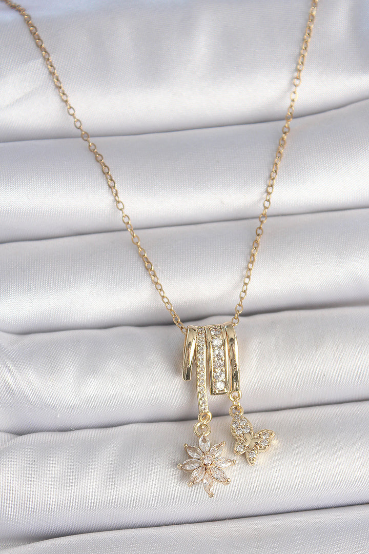 EBJ 316L Steel Gold Color Swinging Zircon Stone Flower Butterfly Figure Charm Women's Necklace - Jiménez