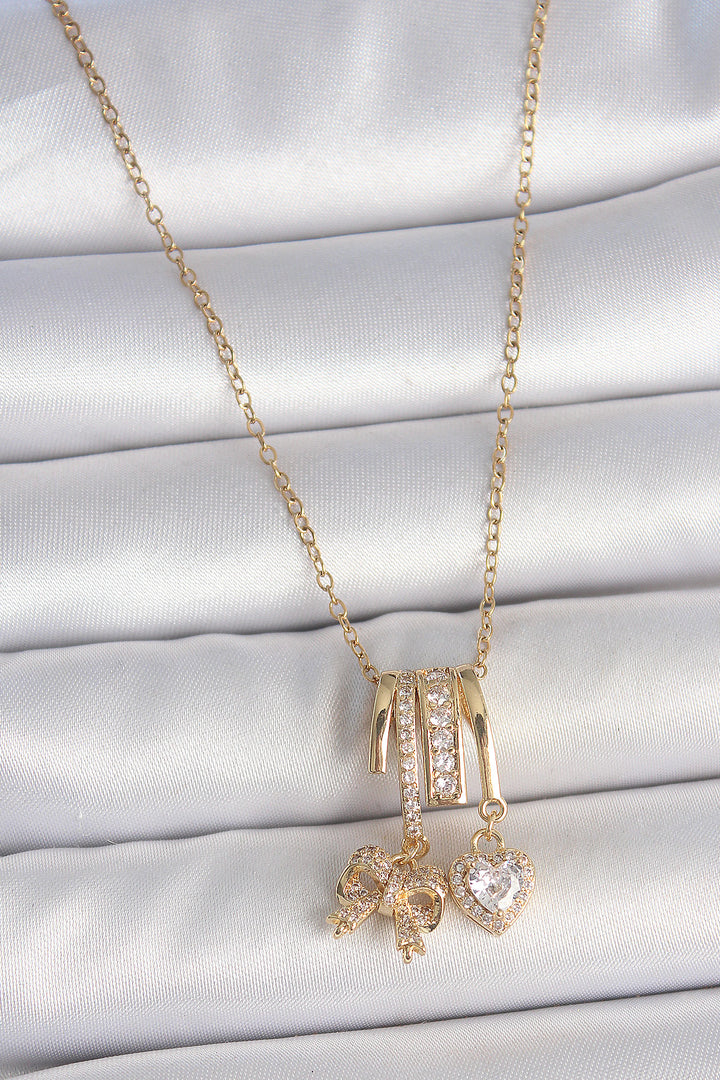 EBJ 316L Steel Gold Color Dangle Bow Heart Figure Charm Women's Necklace - Chesterfield