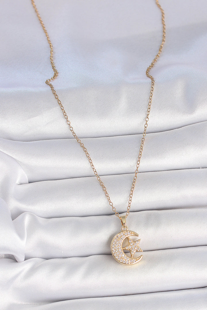 EBJ 316L Steel Gold Color Chain with Zircon Stone Crescent Star Model Women's Necklace - Miramar
