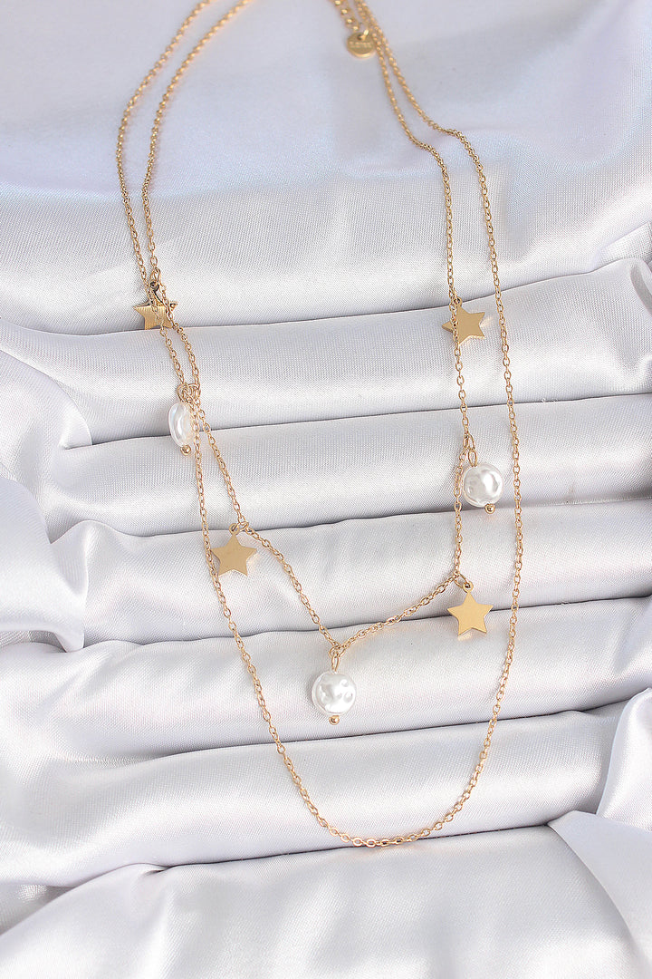EBJ 316L Steel Gold Color 2-Piece Chain Dangle Star Pearl Model Women's Necklace - Corroios