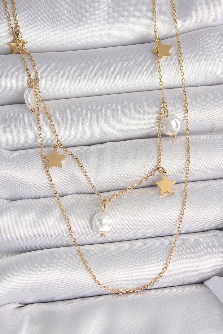 EBJ 316L Steel Gold Color 2-Piece Chain Dangle Star Pearl Model Women's Necklace - Corroios