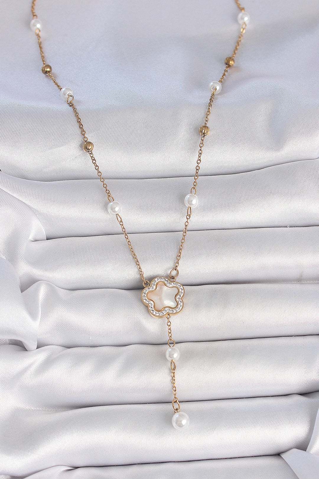 EBJ 316L Steel Gold Color Chain White Enamel Zircon Stone Clover Figure Pendant Detail Women's Necklace - Islip