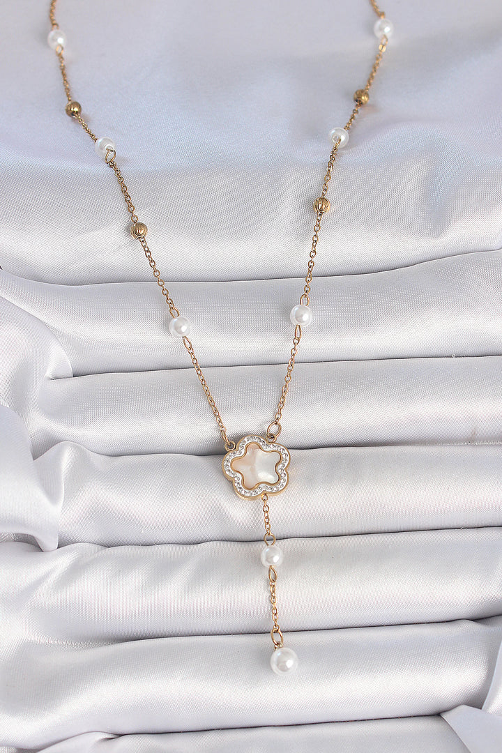 EBJ 316L Steel Gold Color Chain White Enamel Zircon Stone Clover Figure Pendant Detail Women's Necklace - Islip