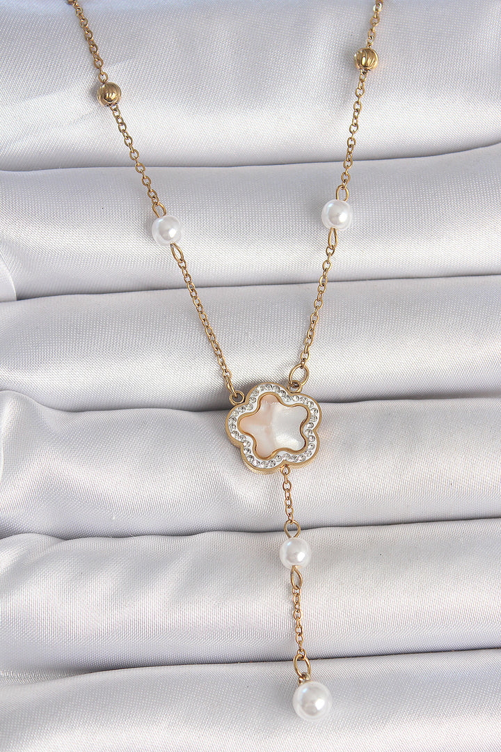 EBJ 316L Steel Gold Color Chain White Enamel Zircon Stone Clover Figure Pendant Detail Women's Necklace - Islip