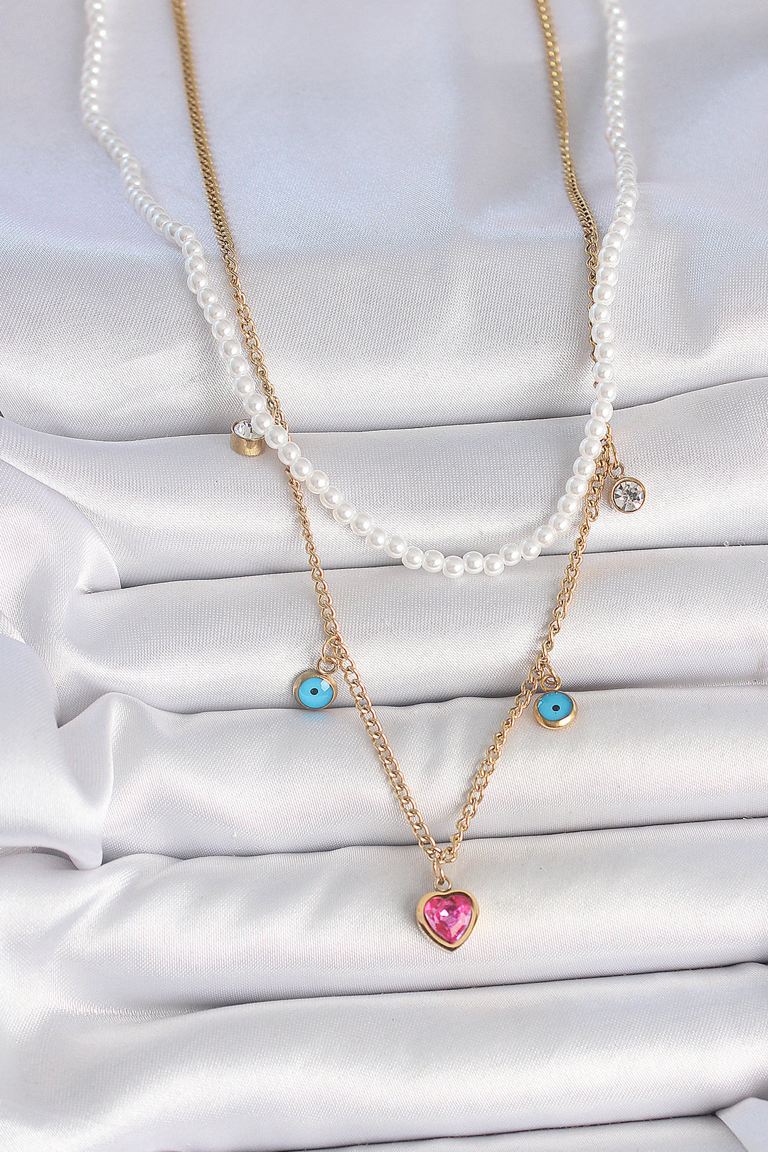 EBJ 316L Steel Gold Color 2-Piece Pearl Chain Model Pink Stone Heart Figure Evil Eye Bead Detail Women's Necklace - Arrecife