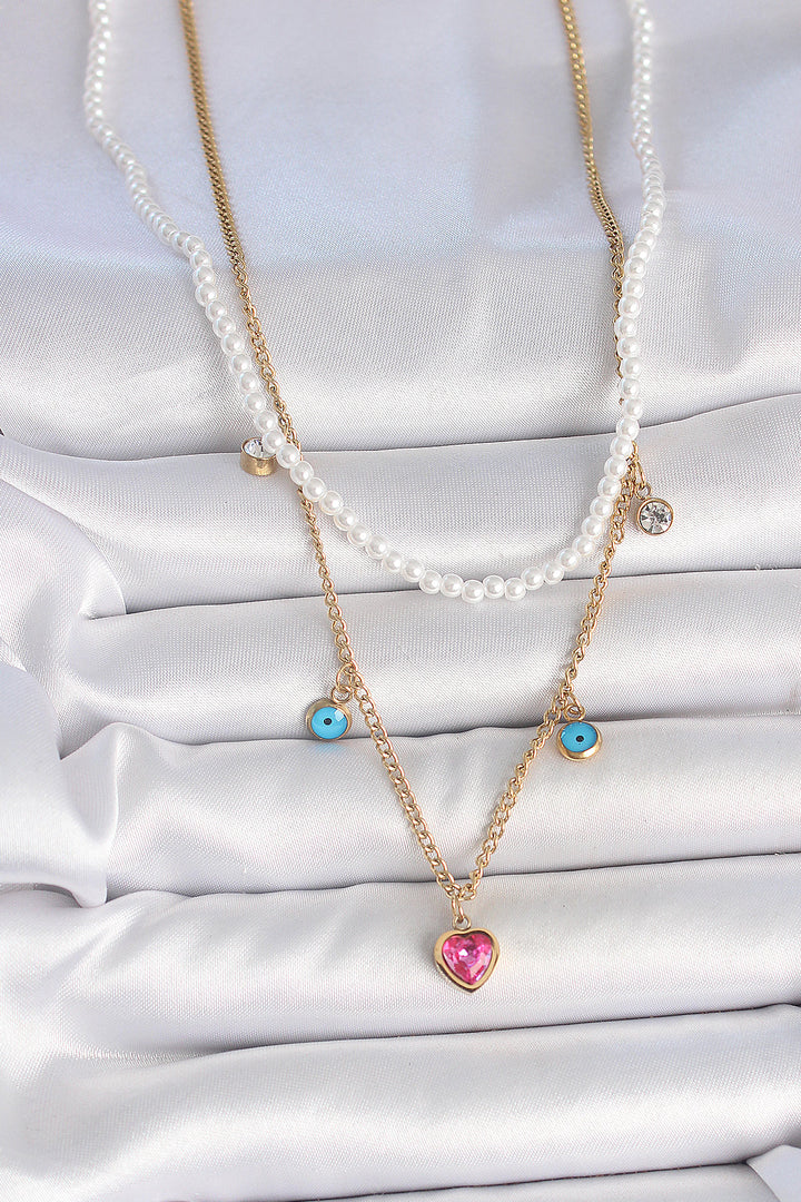 EBJ 316L Steel Gold Color 2-Piece Pearl Chain Model Pink Stone Heart Figure Evil Eye Bead Detail Women's Necklace - Arrecife
