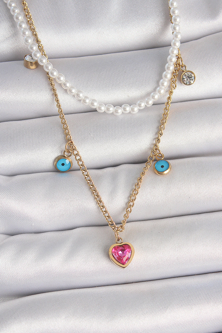 EBJ 316L Steel Gold Color 2-Piece Pearl Chain Model Pink Stone Heart Figure Evil Eye Bead Detail Women's Necklace - Arrecife