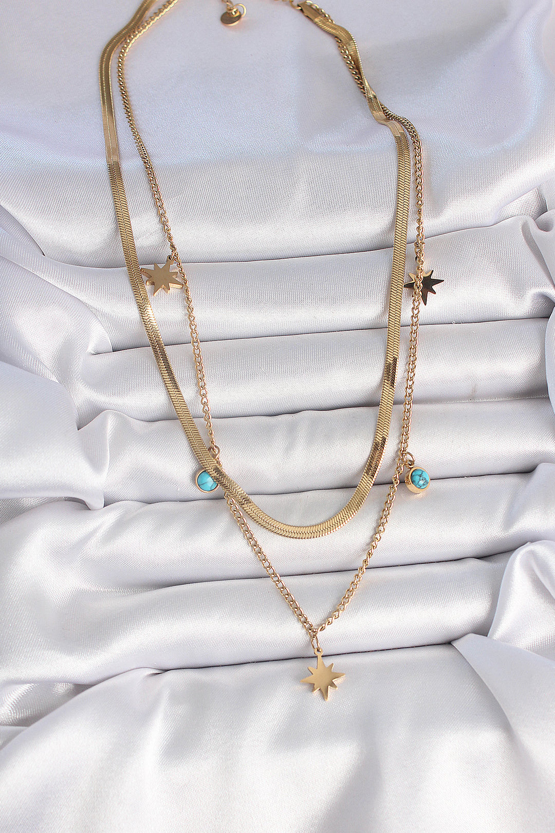 EBJ 316L Steel Gold Color 2-Piece Italian Chain Model Star Figure Blue Stone Detail Women's Necklace - Mitcham