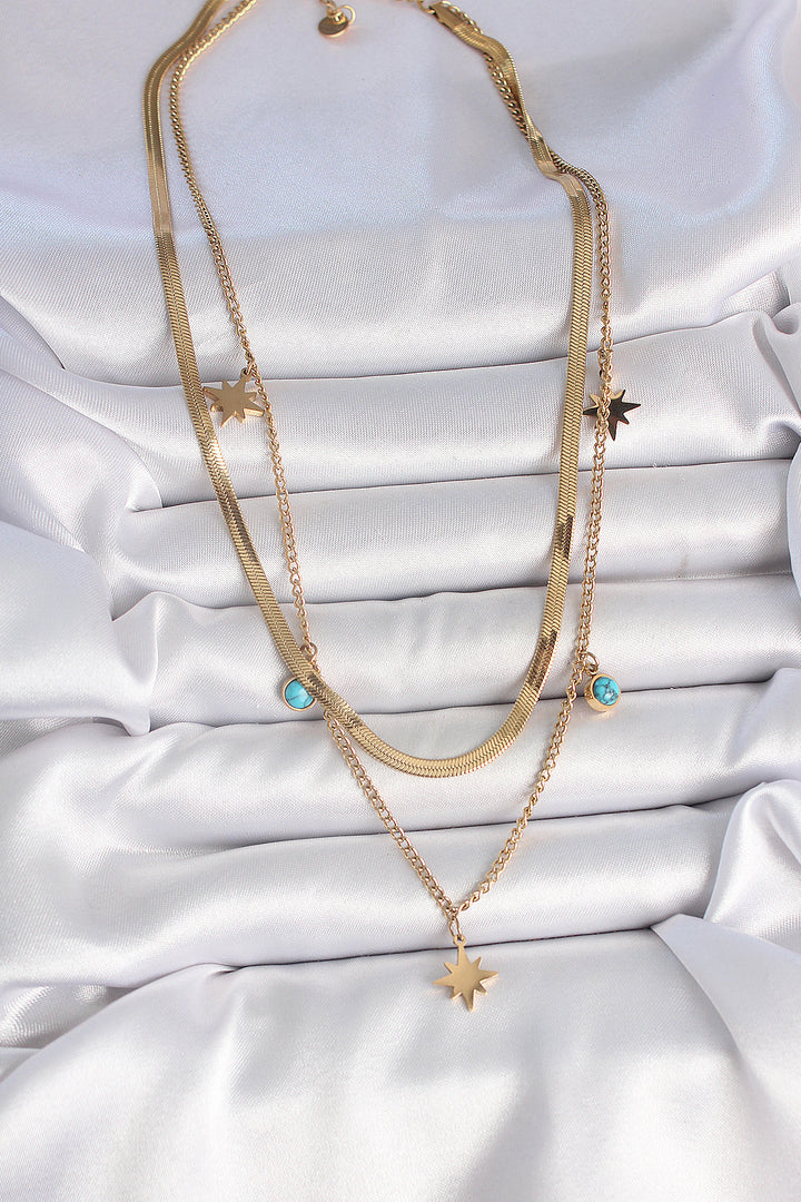 EBJ 316L Steel Gold Color 2-Piece Italian Chain Model Star Figure Blue Stone Detail Women's Necklace - Mitcham