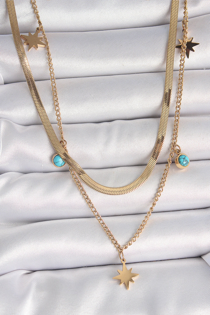 EBJ 316L Steel Gold Color 2-Piece Italian Chain Model Star Figure Blue Stone Detail Women's Necklace - Mitcham