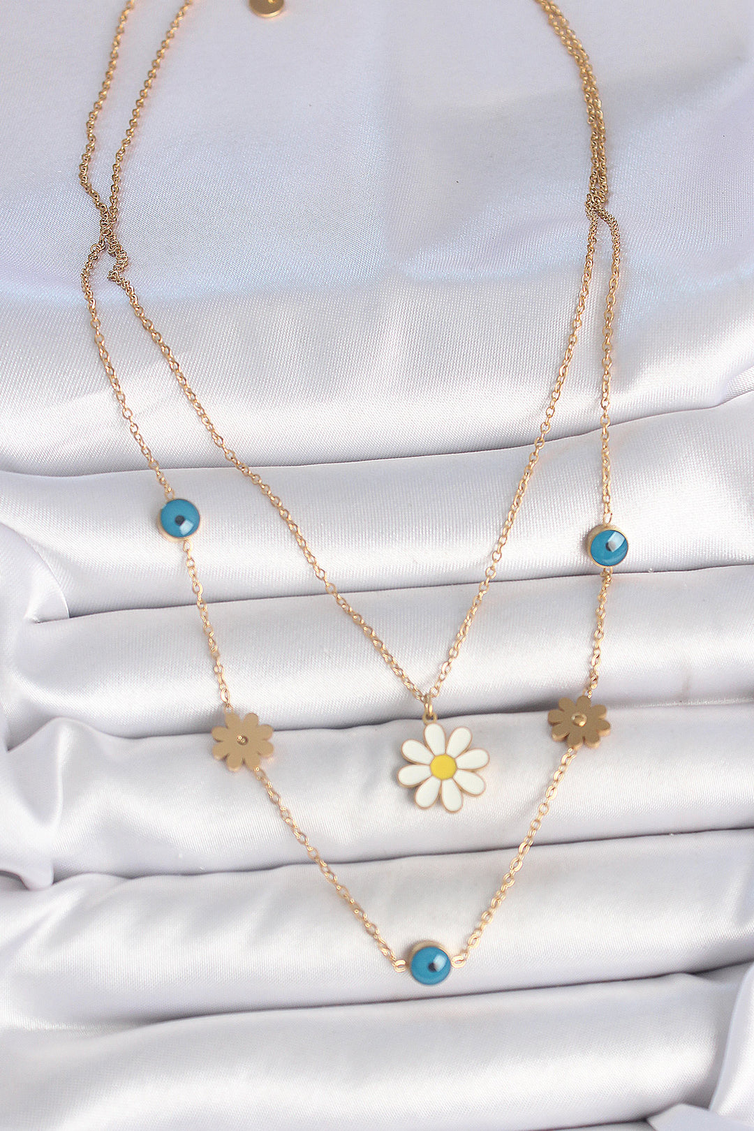 EBJ 316L Steel Gold Color 2-Piece Chain Model Daisy Figure Evil Eye Bead Detail Women's Necklace - Lower Paxton