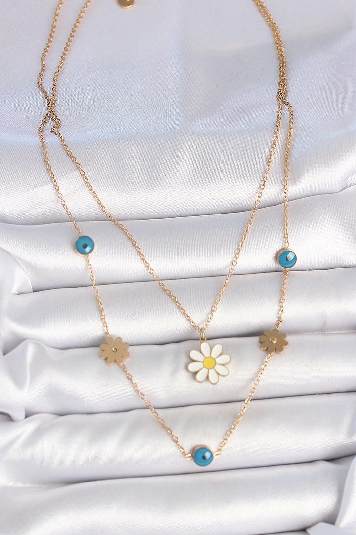 EBJ 316L Steel Gold Color 2-Piece Chain Model Daisy Figure Evil Eye Bead Detail Women's Necklace - Lower Paxton