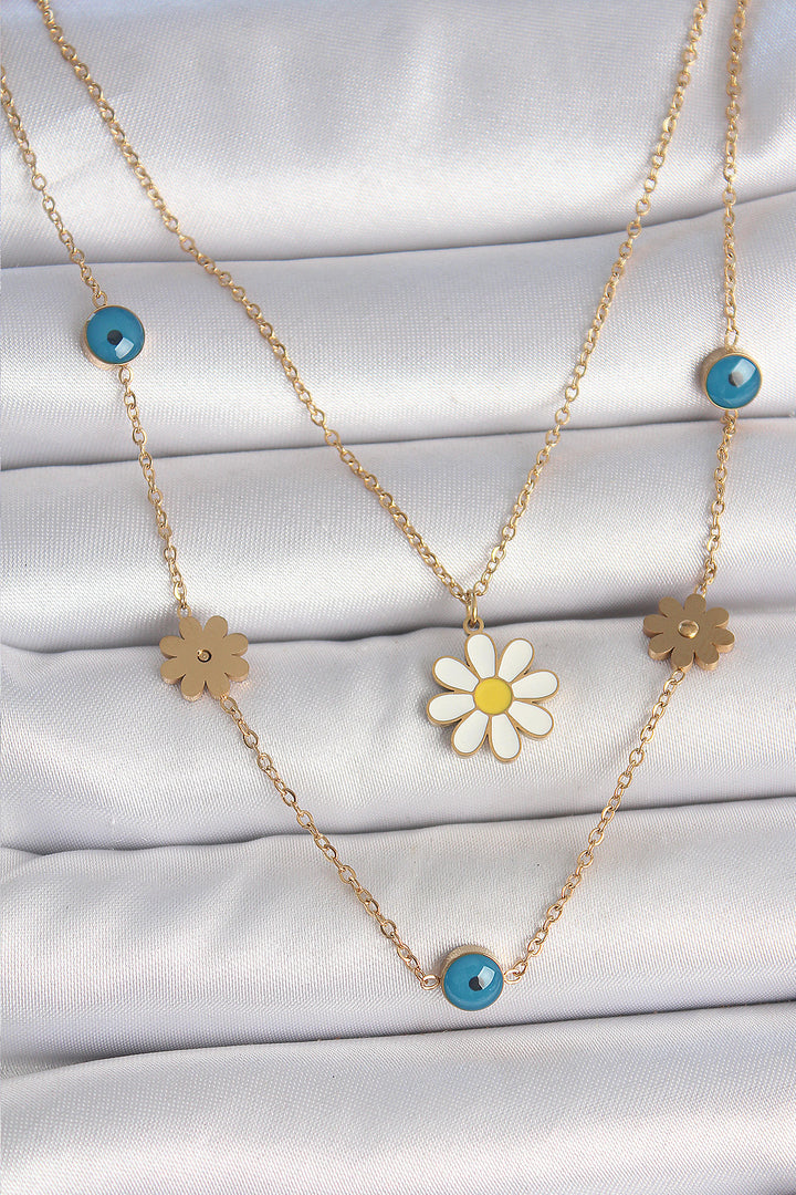 EBJ 316L Steel Gold Color 2-Piece Chain Model Daisy Figure Evil Eye Bead Detail Women's Necklace - Lower Paxton