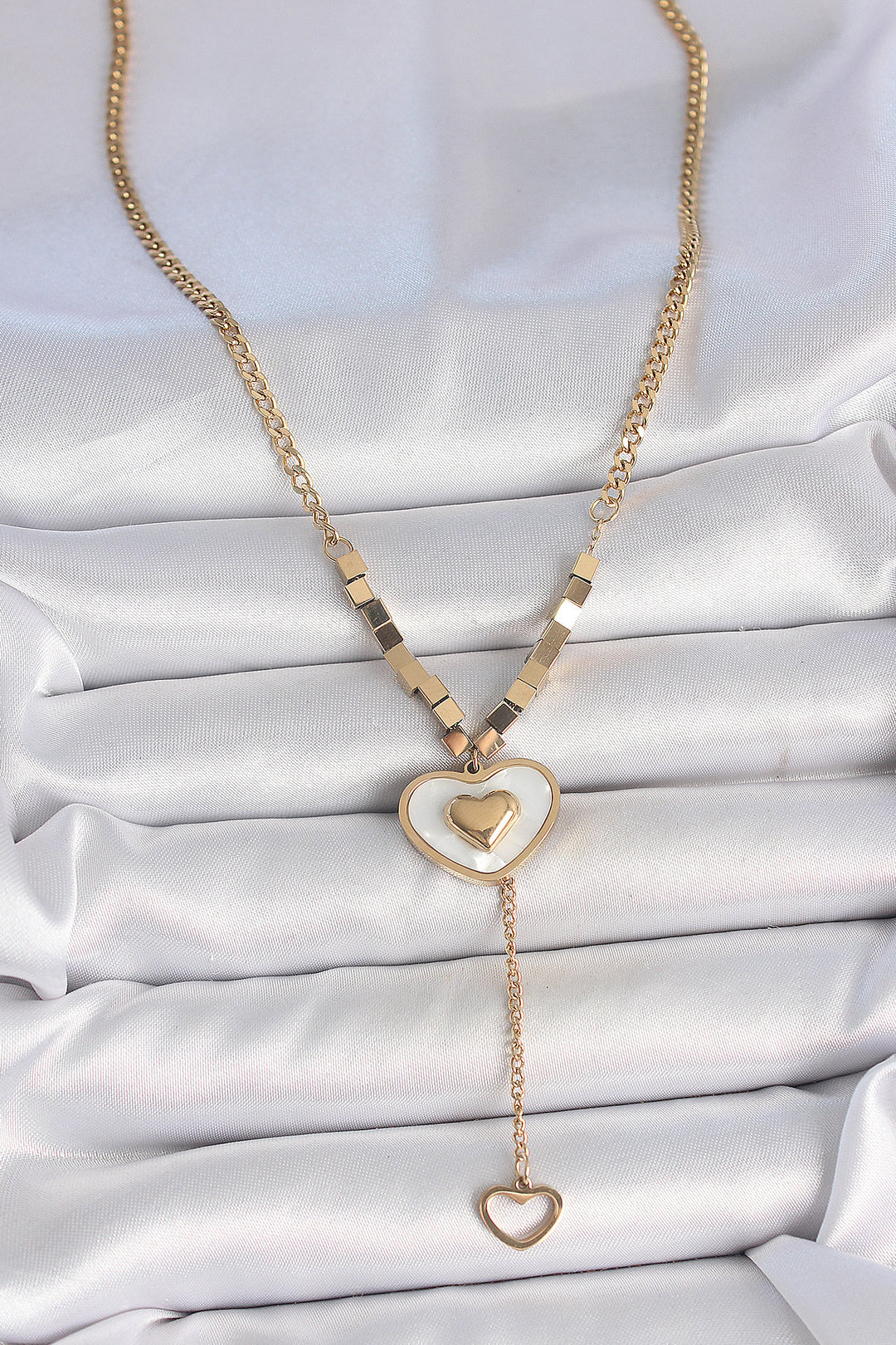 EBJ 316L Steel Gold Color Chain White Enamel Heart Pendant Detail Women's Necklace - North Lauderdale