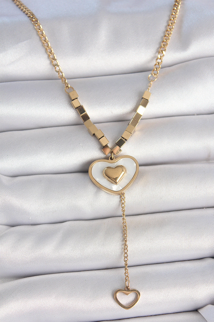 EBJ 316L Steel Gold Color Chain White Enamel Heart Pendant Detail Women's Necklace - North Lauderdale
