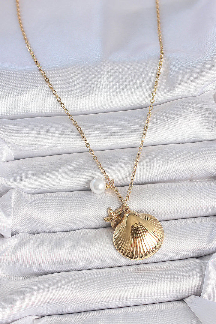 EBJ 316L Steel Gold Color Chain Seashell Figure Pearl Detail Women's Necklace - Portage