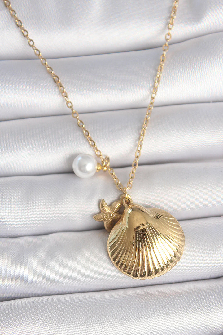 EBJ 316L Steel Gold Color Chain Seashell Figure Pearl Detail Women's Necklace - Portage