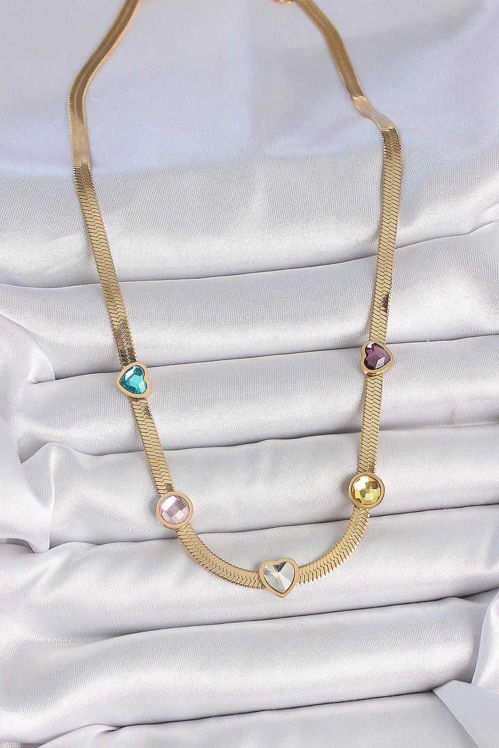 EBJ 316L Steel Gold Color Italian Chain Colorful Zircon Stone Heart Figure Women's Necklace - Avezzano
