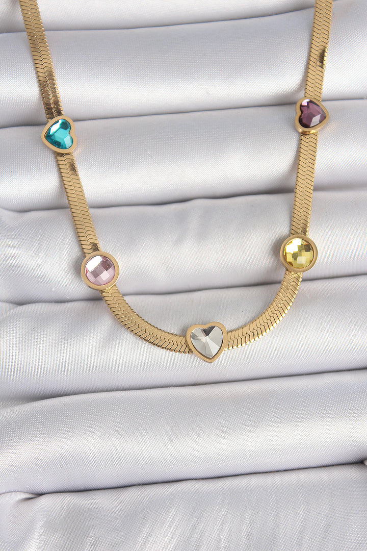 EBJ 316L Steel Gold Color Italian Chain Colorful Zircon Stone Heart Figure Women's Necklace - Avezzano