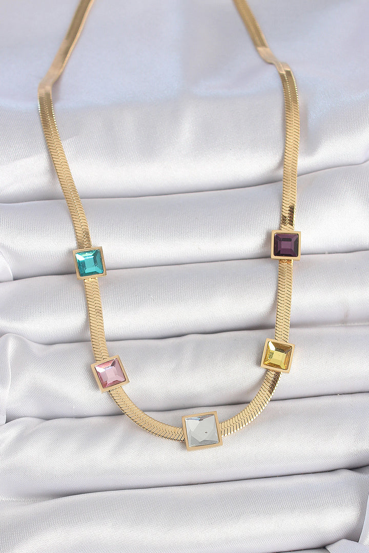 EBJ 316L Steel Gold Color Italian Chain Model Square Colored Zircon Stone Women's Necklace - Angers