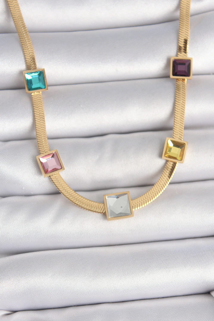 EBJ 316L Steel Gold Color Italian Chain Model Square Colored Zircon Stone Women's Necklace - Angers