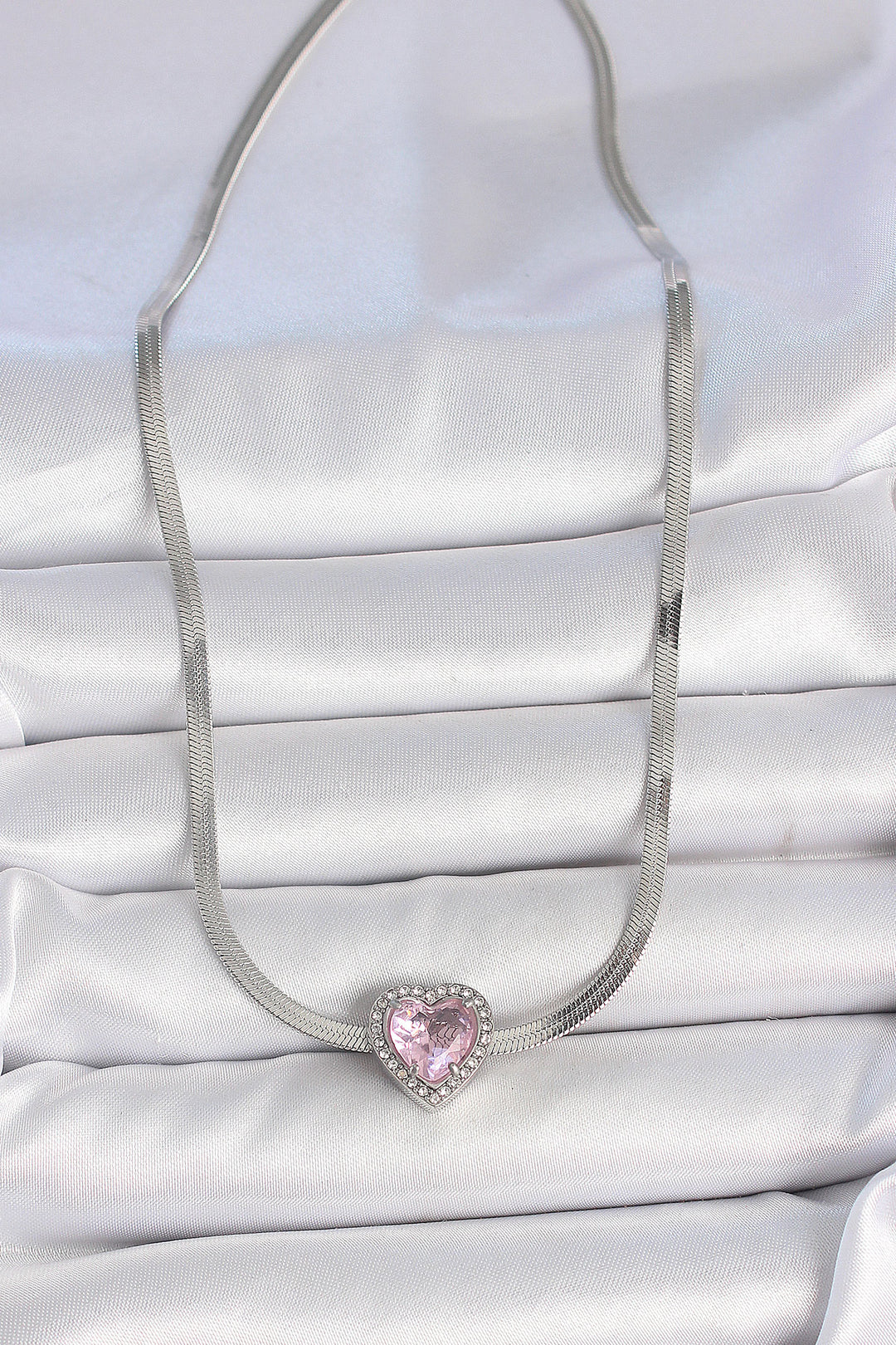 EBJ 316L Stainless Steel Silver Color Italian Chain Pink Zircon Stone Heart Model Women's Necklace - Palm Springs