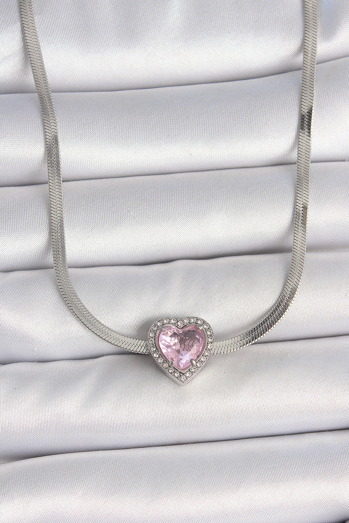 EBJ 316L Stainless Steel Silver Color Italian Chain Pink Zircon Stone Heart Model Women's Necklace - Palm Springs