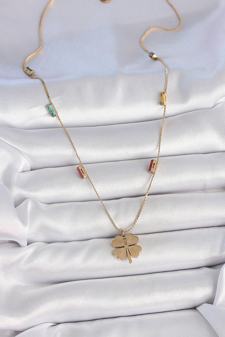 EBJ 316L Steel Gold Color Clover Figure Zircon Stone Detailed Women's Necklace - Vercelli