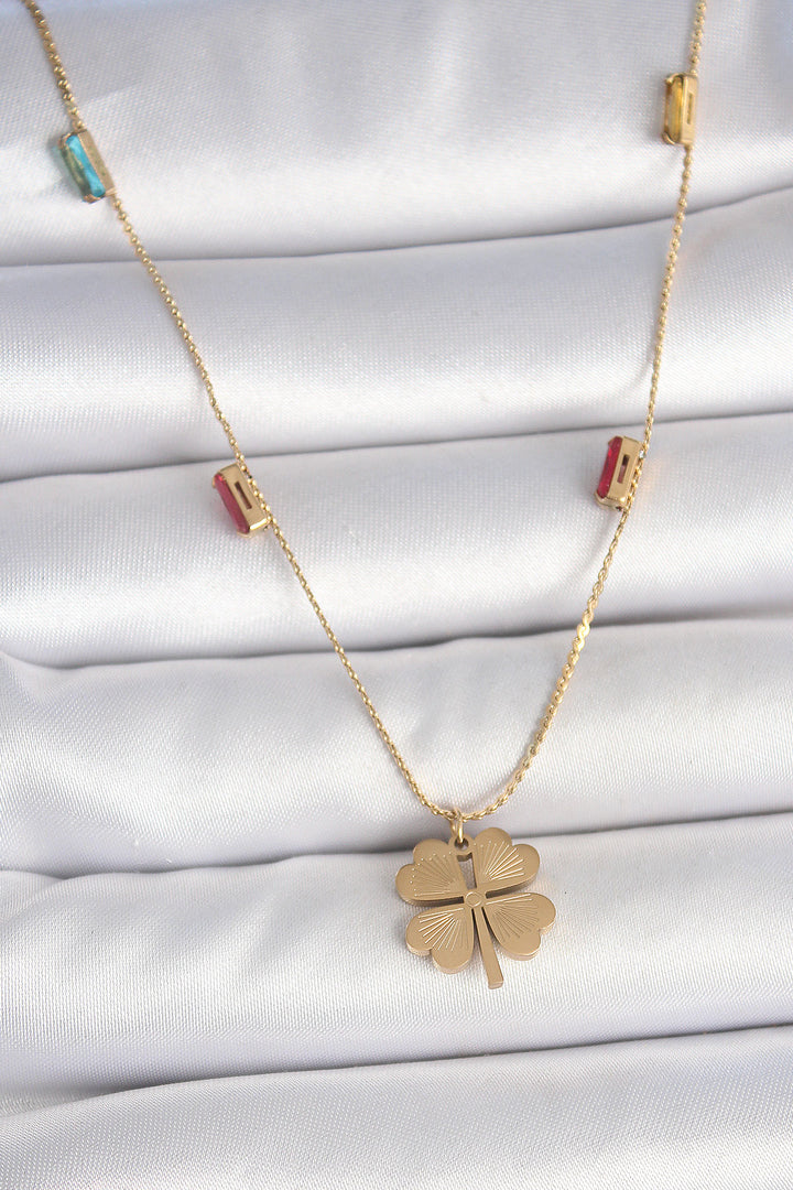 EBJ 316L Steel Gold Color Clover Figure Zircon Stone Detailed Women's Necklace - Vercelli