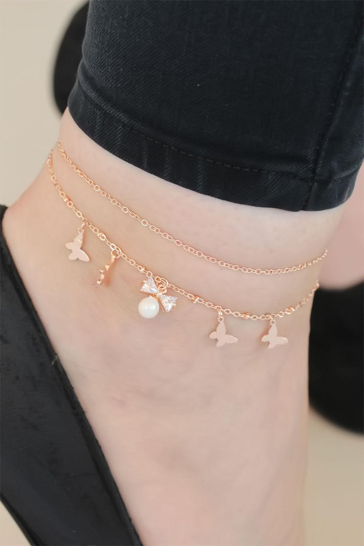 EBJ Zircon Stone Rose Color Double Chain Pearl Butterfly Necklace - Munich