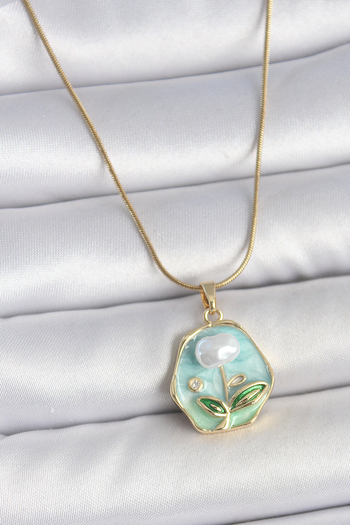 EBJ 316L Steel Gold Color Chain Blue Flower Embroidered Pearl Embroidered Portrait Model Women's Necklace - Saanich