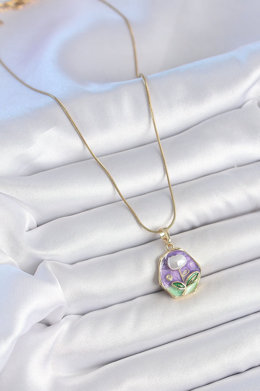 EBJ 316L Steel Gold Color Chain Purple Flower Embroidered Pearl Detail Portrait Model Women's Necklace - North Fort Myers