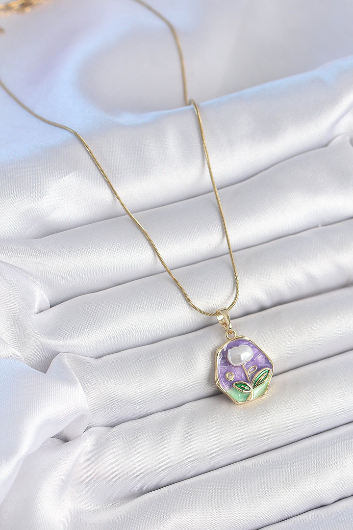 EBJ 316L Steel Gold Color Chain Purple Flower Embroidered Pearl Detail Portrait Model Women's Necklace - North Fort Myers