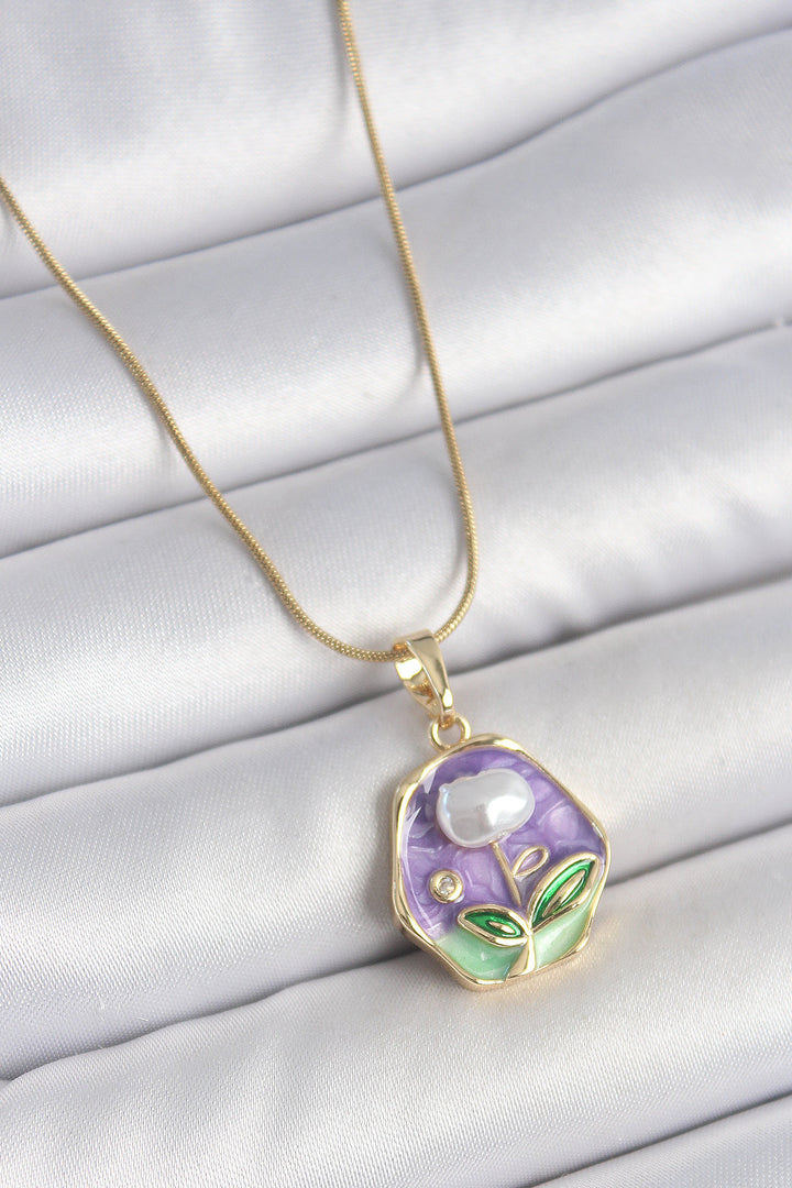 EBJ 316L Steel Gold Color Chain Purple Flower Embroidered Pearl Detail Portrait Model Women's Necklace - North Fort Myers