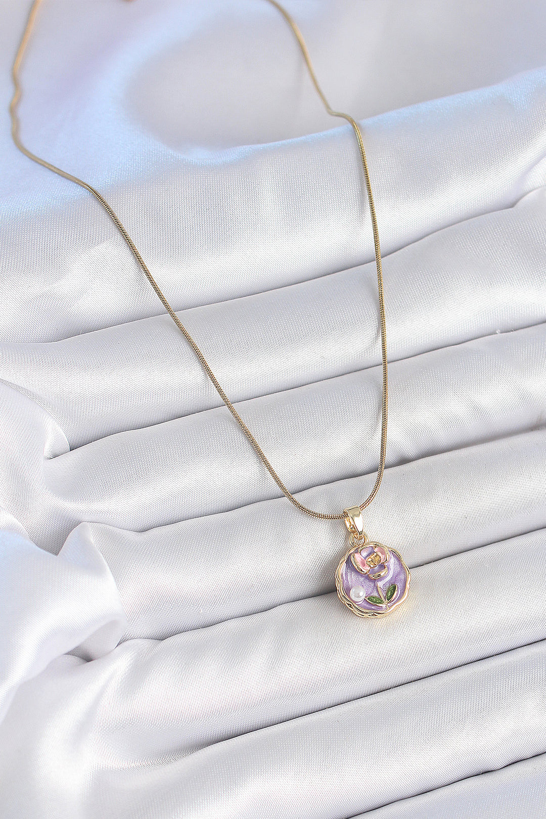 EBJ 316L Steel Gold Color Chain Purple Minimal Flower Embroidered Pearl Detail Portrait Model Women's Necklace - Santa Cruz