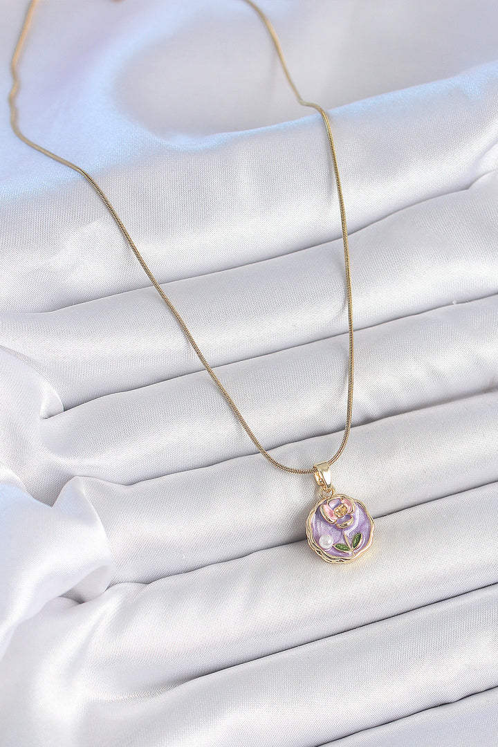 EBJ 316L Steel Gold Color Chain Purple Minimal Flower Embroidered Pearl Detail Portrait Model Women's Necklace - Santa Cruz
