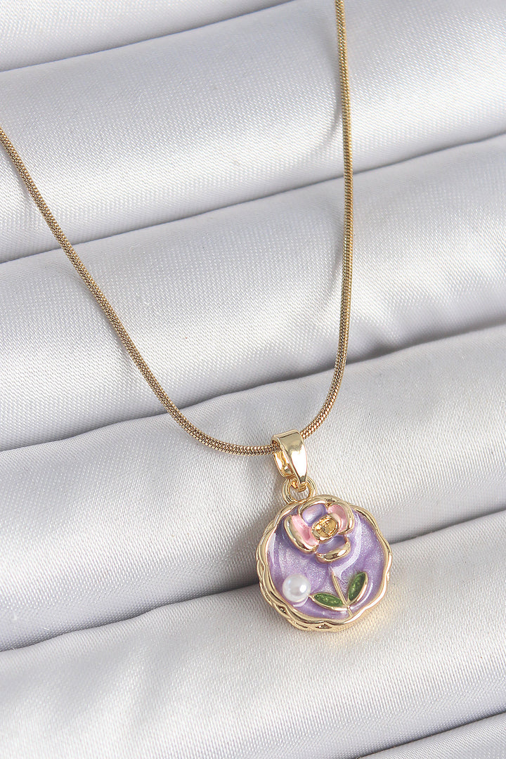 EBJ 316L Steel Gold Color Chain Purple Minimal Flower Embroidered Pearl Detail Portrait Model Women's Necklace - Santa Cruz