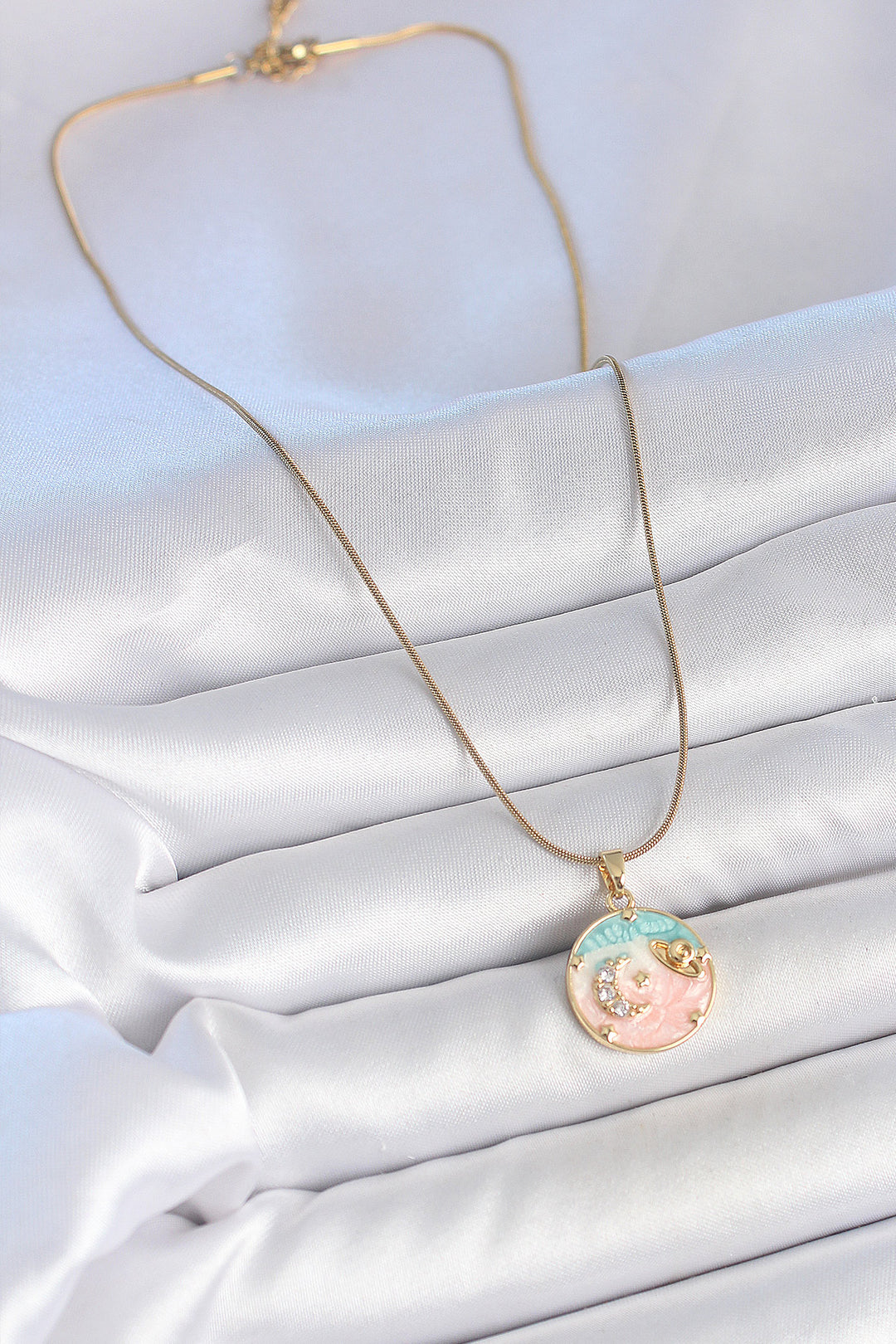 EBJ 316L Steel Gold Color Chain Mixed Color Enamel Zircon Stone Embroidered Planet Detailed Star Medal Model Women's Necklace - Durango