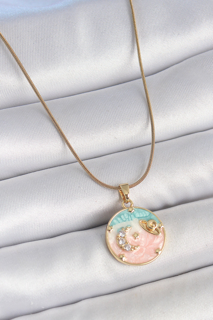 EBJ 316L Steel Gold Color Chain Mixed Color Enamel Zircon Stone Embroidered Planet Detailed Star Medal Model Women's Necklace - Durango