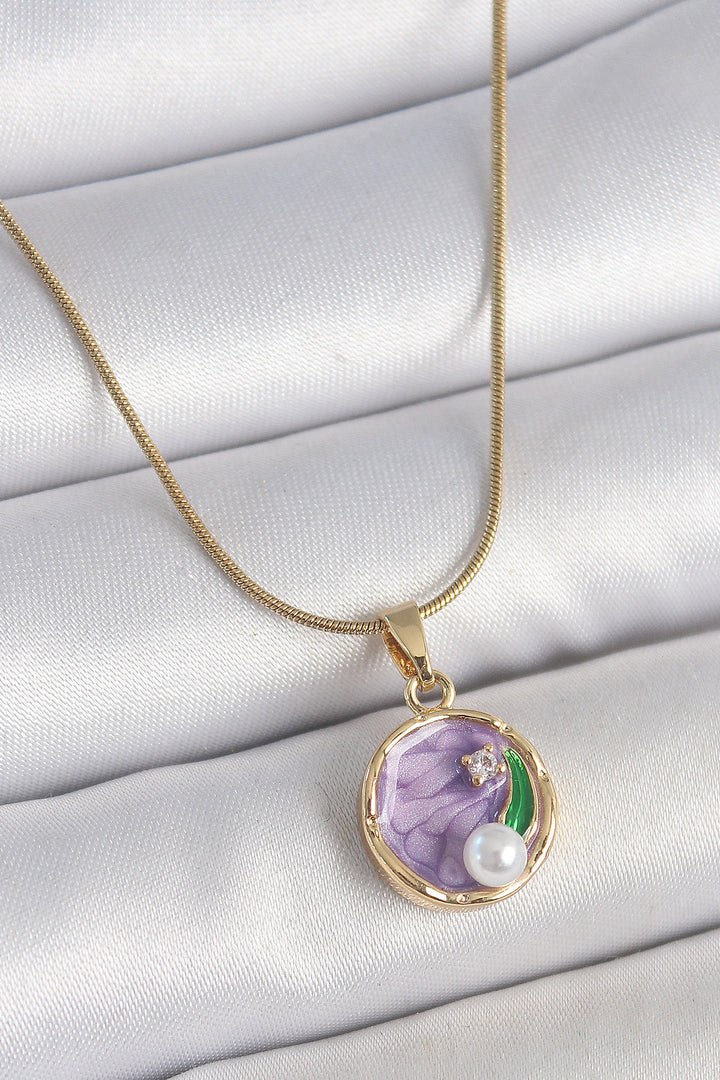 EBJ 316L Steel Gold Color Chain Purple Flower Embroidered Zircon Stone Pearl Detailed Minimal Portrait Model Women's Necklace - Winterthur