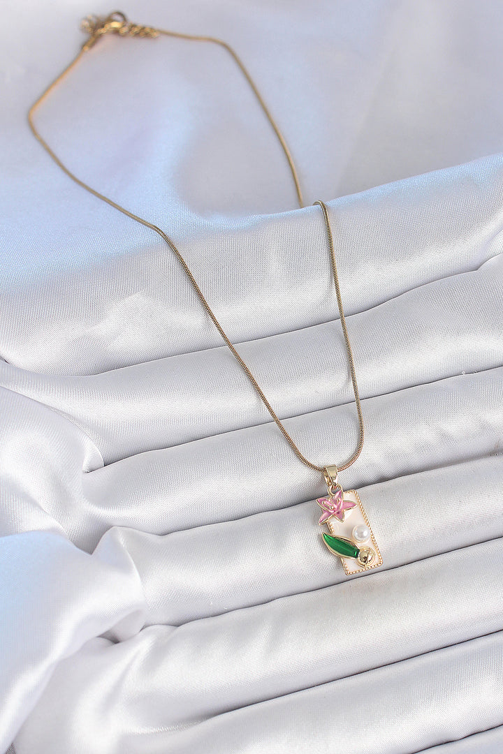 EBJ 316L Steel Gold Color Chain White Enamel Pink Flower Embroidered Pearl Detail Rectangular Portrait Model Women's Necklace - Bagnolet