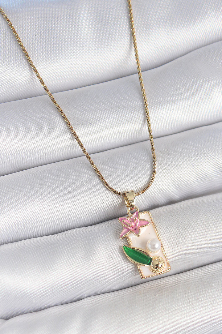 EBJ 316L Steel Gold Color Chain White Enamel Pink Flower Embroidered Pearl Detail Rectangular Portrait Model Women's Necklace - Bagnolet