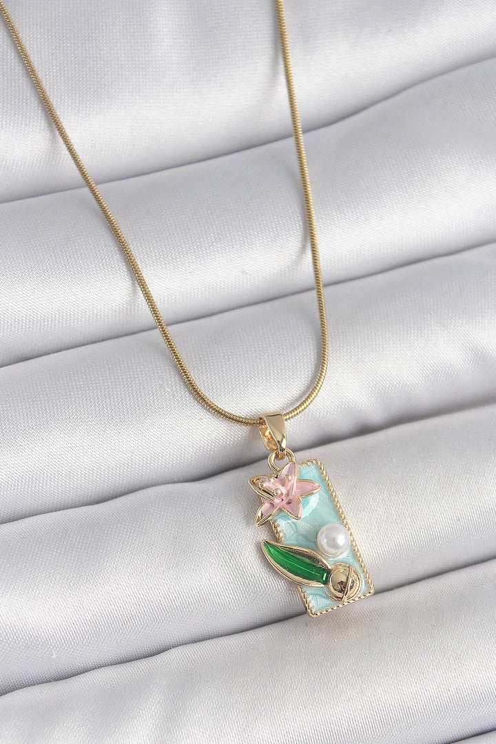 EBJ 316L Steel Gold Color Chain Blue Enamel Pink Flower Embroidered Pearl Detail Rectangular Portrait Model Women's Necklace - Alkmaar