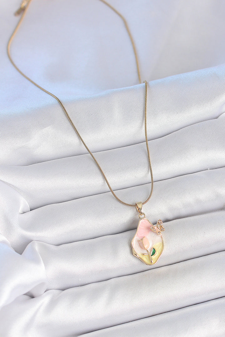 EBJ 316L Steel Gold Color Chain Drop Mixed Color Flower Embroidered Butterfly Detail Portrait Model Women's Necklace - Hamilton