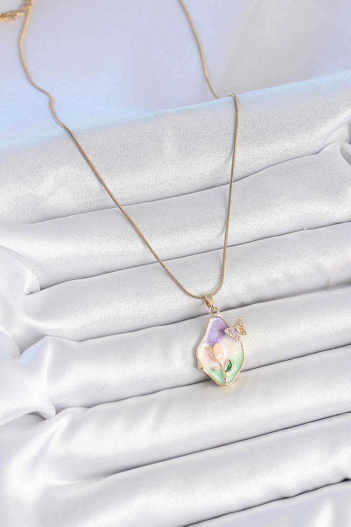 EBJ 316L Steel Gold Color Chain Drop Mixed Color Enamel Flower Embroidered Butterfly Detail Portrait Model Women's Necklace - Whanganui